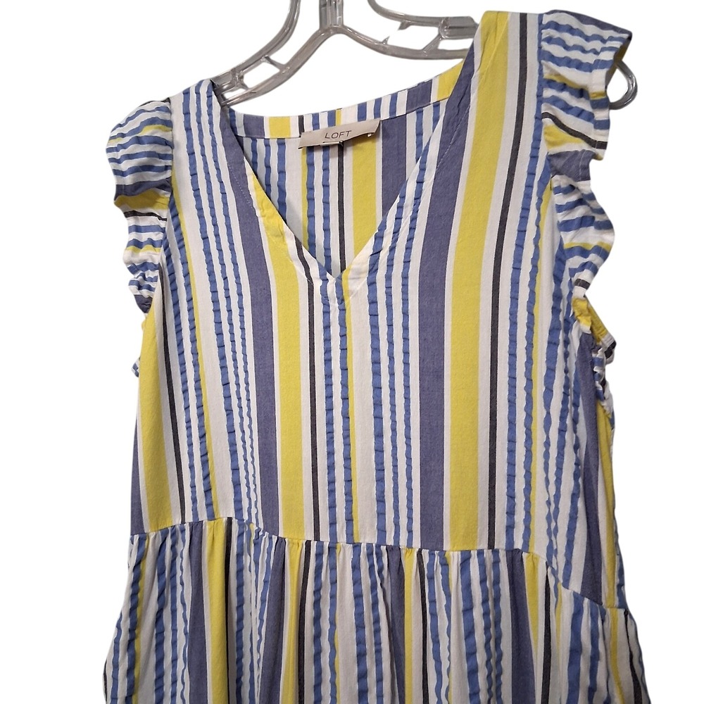 Loft Womens XS Dress White Blue‎ Yellow Stripes Ruffle Sleeve Above Knee Pockets